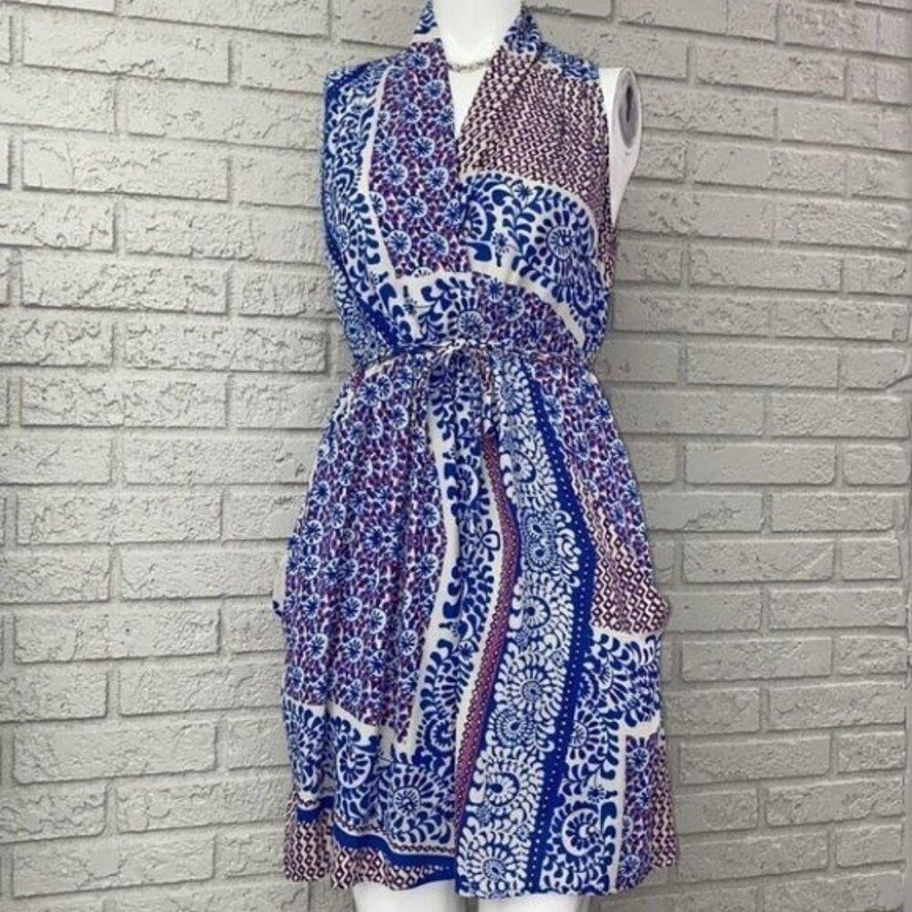 Sleeveless Blue & White Printed Mini Dress